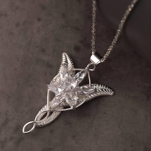 925 STERLING ZILVER Evenstar Arwen Ketting – Gegraveerde Kristallen Cubic Zirconia Elf Hanger, Film-Inspiratie Kerstcadeau voor Haar