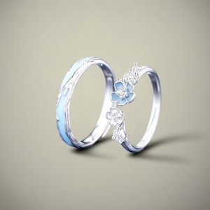 Eternal Blossom & Serene Sky Couple Rings in 925 Sterling Silver, Free Engraved, Adjustable, Engagement Ring Set, Blue Jewelry, Custom Ring