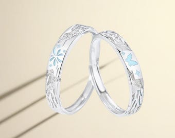 Luminous Butterfly Couple Rings, Glow in the Dark Matching Rings, 925 Sterling Silver Adjustable Rings, Engraved Promise Rings