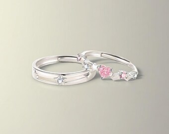 Pink CZ Heart and Stars Matching Rings in 925 Sterling Silver, Free Engraved, Adjustable Promise Ring Set, Personalized Anniversary Gifts