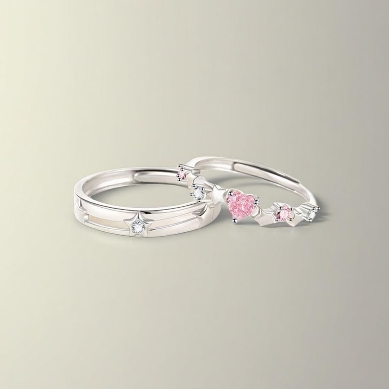 Pink CZ Heart and Stars Matching Rings in 925 Sterling Silver, Free ...