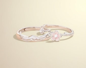 Anillos de pareja en plata esterlina 925 con Monte Fuji y Sakura Grabado gratis Ajustable Regalo personalizado Joyería que no se oscurece