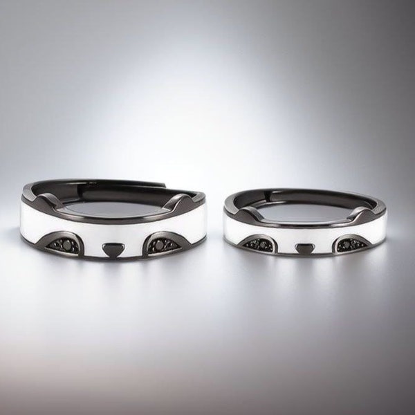 Bing Dwen Dwen Panda Matching Rings in 925 Sterling Silver • Free Engraved • Adjustable • Custom Gift • Cute Jewelry • Anniversary Ring