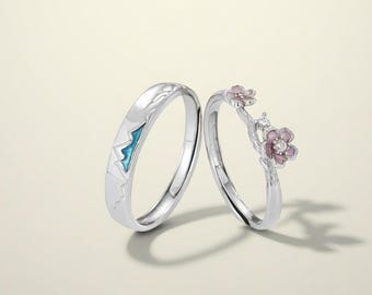 Anillos de pareja en plata esterlina 925 con Monte Fuji y Sakura Grabado gratis Ajustable Regalo personalizado Joyería que no se oscurece