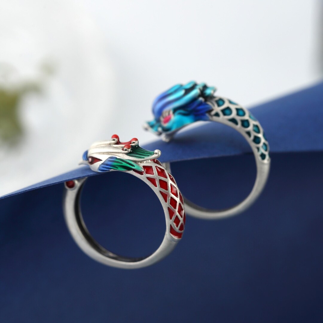 925 STERLING SILVER Dragon & Phoenix Matching Couple Rings Yin Yang ...