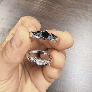925 PLATA DE LEY Conjunto de Anillos de Boda Demonio & Ángel, Anillos a Juego para Parejas, Grabados, Ajustables, Conjunto de Anillos imagen 3