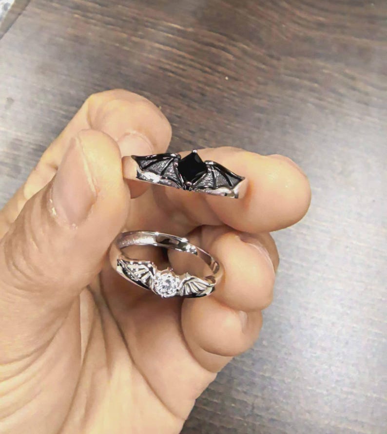 925 PLATA DE LEY Conjunto de Anillos de Boda Demonio & Ángel, Anillos a Juego para Parejas, Grabados, Ajustables, Conjunto de Anillos imagen 3