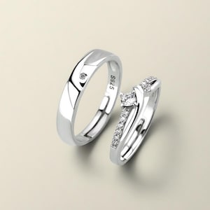 conjunto de anillos de pareja en plata de ley 925, ajustables, grabado gratuito, conjunto de anillos de compromiso con circonita