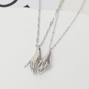 925 STERLING SILVER Holding Hands Forever Couple Necklaces, Anniversary Necklace, Personalized Gift, Pinky Promise Hand Gesture Pendant