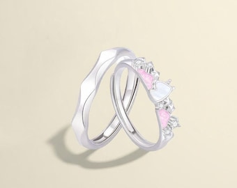 925 Sterling Silver Pink Unicorn Matching Couple Rings, Adjustable Anniversary Rings, Free Engraved, Personalized Promise Ring Set