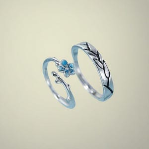 925 STERLING SILVER Forget Me Not Flower Matching Couple Rings, Free Engraved, Adjustable, Anniversary Rings, Valentines Day Jewelry Gift