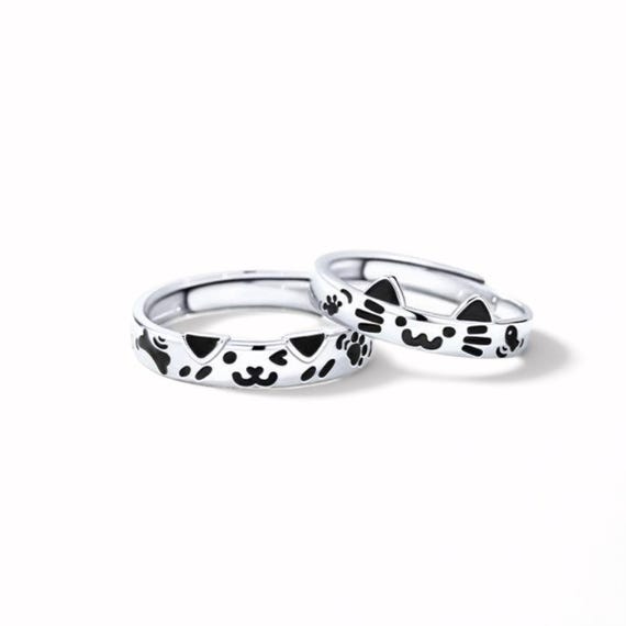 925 Sterling Silver Dog & Cat Couple Rings, Free Engraved, Adjustable, Animal Jewelry, Promise Ring Set, Animal Lover Gifts for Couples
