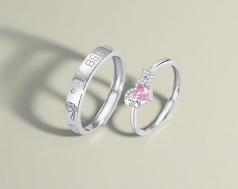 Little Prince & Stars Matching Couple Rings in 925 Sterling Silver, Pink Heart CZ Ring, Free Engraved, Adjustable, Wedding Ring Set