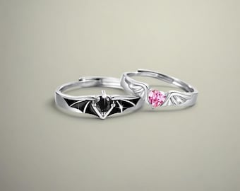 Équilibre Éternel : Bagues Assorties Ange & Diable en Argent Sterling 925, Gravure Gratuite, Ajustable, Bague en Zircone Cubique