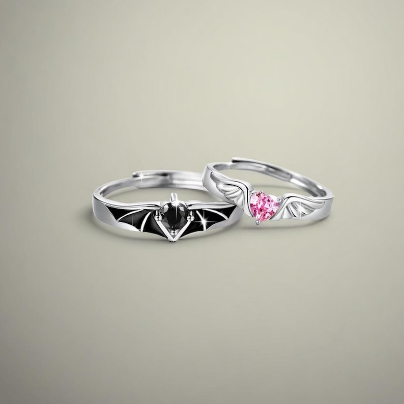 Eternal Balance: Angel & Devil Matching Rings in 925 Sterling Silver, Free Engraved, Adjustable, Cubic Zirconia Ring, Anniversary Rings