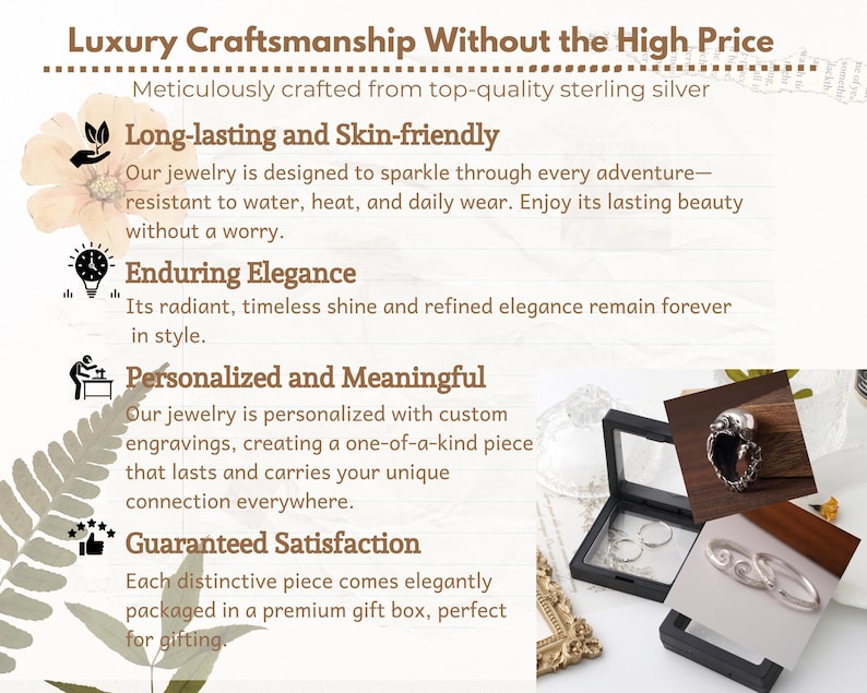 May include: A promotional graphic featuring text about sterling silver jewelry, including the headings Luxury Craftsmanship Without the High Price, Long-lasting and Skin-friendly, Enduring Elegance, Personalized and Meaningful, and Guaranteed Satisfaction.