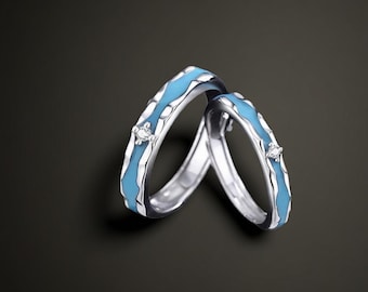 999 Sterling Silver Glow-in-the-Dark Luminous Enamel Matching Couple Rings, Free Engraved, Adjustable Silver Rings, Custom Anniversary Gifts