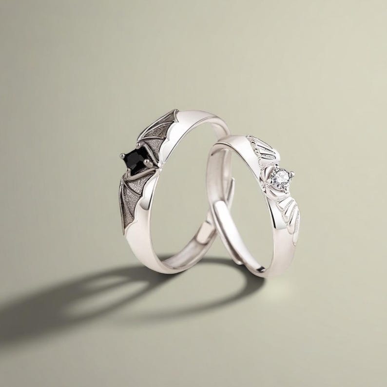 925 STERLING SILVER Devil & Angel Wedding Ring Set, Matching Couple Rings, Engraved, Adjustable, Engagement Ring Set, Anniversary Ring