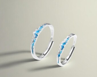 Anillos a juego de montaña nevada: conjunto de bodas de plata de ley 999, grabado gratuito