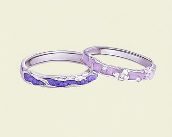 Conjunto de anillos de pareja de plata de ley 925 color púrpura, anillos a juego, anillos de promesa con mariposa, ajustables, grabado gratuito, regalos de aniversario personalizados.