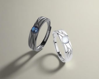 925 STERLING SILVER Devil & Angel Matching Couple Rings, Free Engraved, Adjustable, Black and White Wedding Ring Set, Anniversary Rings