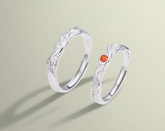 999 Sterling Silver Forbidden Fruit Matching Couple Rings, Adjustable Rings with Red CZ, Free Engraved, Custom Anniversary Gift for Couples
