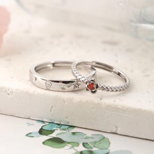 999 Sterling Silver Little Princess & Rose Matching Rings, Promise Rings For Her, Personalized Ring, Adjustable, Valentines Day Gift for Him