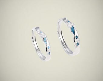 999 Sterling Silver Ocean-Inspired Couple Rings – Blue Wave Matching Bands, Adjustable, Free Engraved, Custom Anniversary Gifts for Couples
