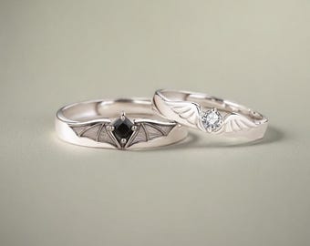925 STERLING SILVER Devil & Angel Wedding Ring Set, Matching Couple Rings, Engraved, Adjustable, Engagement Ring Set, Anniversary Ring