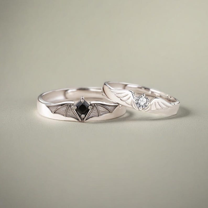 925 STERLING SILVER Devil & Angel Wedding Ring Set, Matching Couple Rings, Engraved, Adjustable, Engagement Ring Set, Anniversary Ring