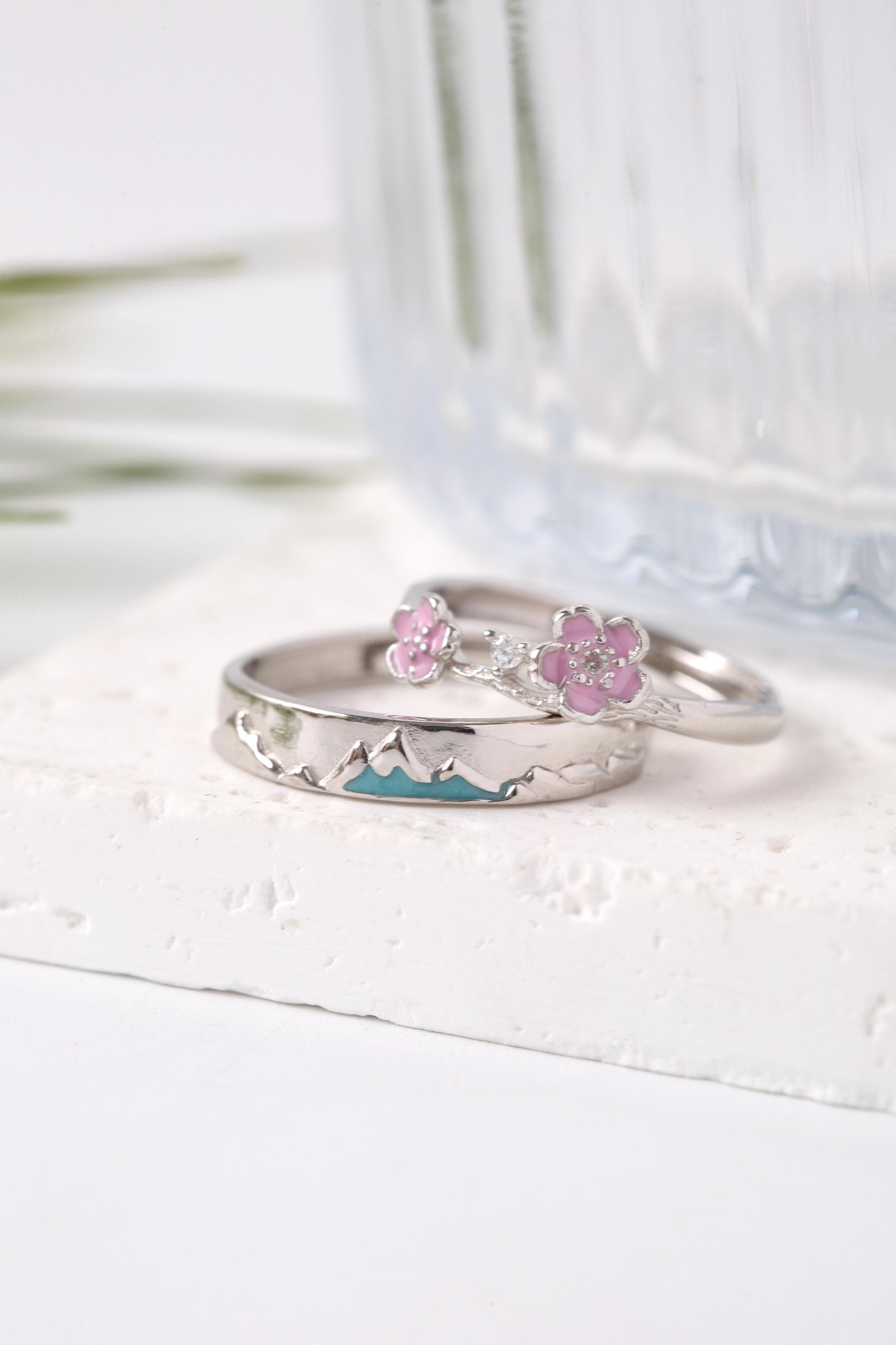 925 STERLING SILVER Fuji Mountain & Sakura Couple Rings 925 STERLING SILVER Fuji Mountain & Sakura Couple Rings