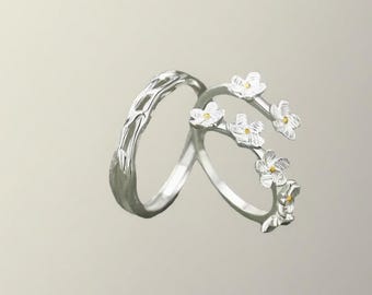 Bagues de Couple “Amour en Fleurs” en Argent Sterling 925, Réglables, Gravure Offerte, Bagues Assorties, Bague Fleur, Bague Branche