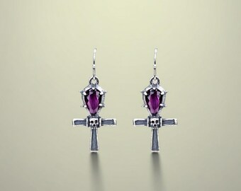 925 Sterling Silver Gothic Cross Earring Set – Coffin Studs, Black Sword Dangles & Purple Gem Ankh Drops, Spooky Earrings, Gothic gift