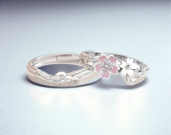 925 STERLING SILVER Sakura & Mountain Matching Rings • Free Engraving • Adjustable • Non Tarnish Jewelry • Custom Gift • Anniversary Ring