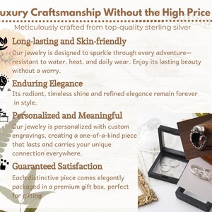 Puede incluir: Un gr&aacute;fico con texto que dice "Luxury Craftsmanship Without the High Price" y describe las caracter&iacute;sticas de la joyer&iacute;a. El texto incluye "Long-lasting and Skin-friendly", "Enduring Elegance", "Personalized and Meaningful", y "Guaranteed Satisfaction". La imagen tambi&eacute;n muestra un primer plano de un anillo de plata en una caja negra.