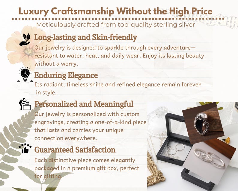 Puede incluir: Un gr&aacute;fico con texto que dice "Luxury Craftsmanship Without the High Price" y describe las caracter&iacute;sticas de la joyer&iacute;a. El texto incluye "Long-lasting and Skin-friendly", "Enduring Elegance", "Personalized and Meaningful", y "Guaranteed Satisfaction". La imagen tambi&eacute;n muestra un primer plano de un anillo de plata en una caja negra.