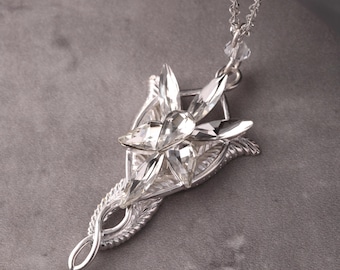 925 Sterling Silver Evenstar Arwen Necklace – Engraved Cubic Zirconia Crystal Elf Pendant, Movie-Inspired Christmas or Wedding Gift for Her