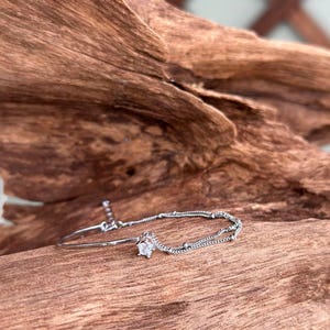 999 Sterling Silver CZ Star Charm Half Double Layer Half Bangle Dainty Bracelet Silver Satellite Chain Bracelet Adjustable Everyday Bracelet