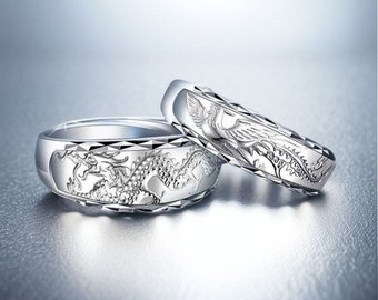 990 STERLING SILVER Carved Dragon Phoenix Wedding Band Set • Free Engraving • Adjustable • Engagement Ring Set • Personalized Ring