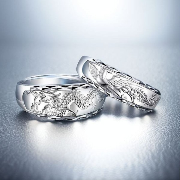 990 STERLING SILVER Carved Dragon Phoenix Wedding Band Set • Free Engraving • Adjustable • Engagement Ring Set • Personalized Ring