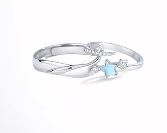Starlit Promise: A Love Written in the Stars Wedding Ring Set in 925 Sterling Silver, Free Engraved, Adjustable, Engagement Ring Set