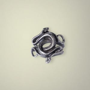 May include: A silver-toned metal ring featuring a coiled snake design. The snake's body is textured with a detailed scale pattern, and the head is positioned at the front, creating a continuous loop that forms the band of the ring.