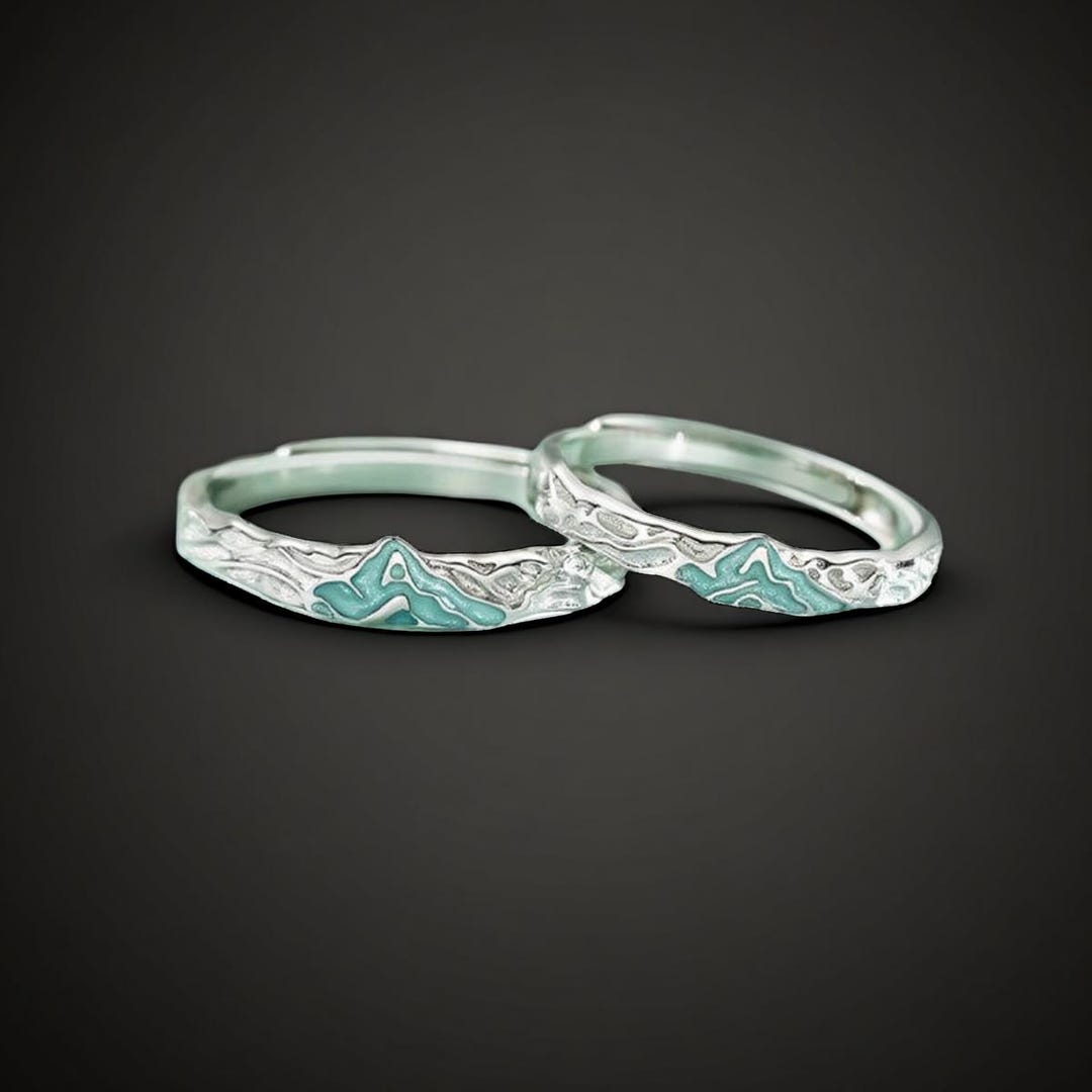 Matching Couple Rings Set - Sterling Silver Mountain Design Promise Rings For Him & Her