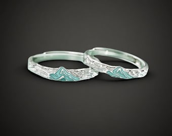 Anillos de compromiso de montaña en plata de ley 925, ajustables, con grabado gratuito, regalo de aniversario para parejas, joyería personalizada.