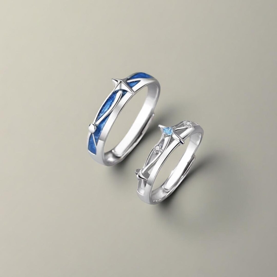 925 STERLING SILVER Star Matching Rings • Free Engraved • Adjustable ...