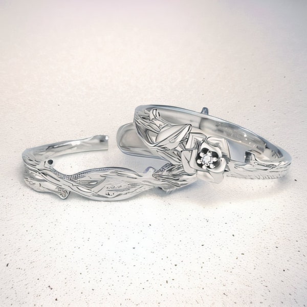 Thorn & Rose Matching Rings in 925 Sterling Silver • Free Engraving • Open Ring • Couple Rings • Rose Ring • Custom Gift • Gift for Her