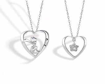 925 Sterling Silver Little Prince & Rose Heart Pendant Matching Necklaces for Couples or Best Friends, Free Engraved, Anniversary Gifts