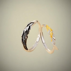 Puede incluir: Dos anillos de plata con diseños de plumas. Uno presenta una pluma negra y plateada, el otro una pluma dorada y plateada. Los anillos se muestran sobre un fondo neutro.