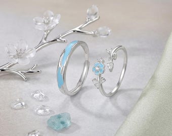 925 Sterling Silver Blue Blossom Promise Ring Set, Luminous Matching Rings, Free Engraved, Adjustable, Glow in Dark Ring, Anniversary Gifts