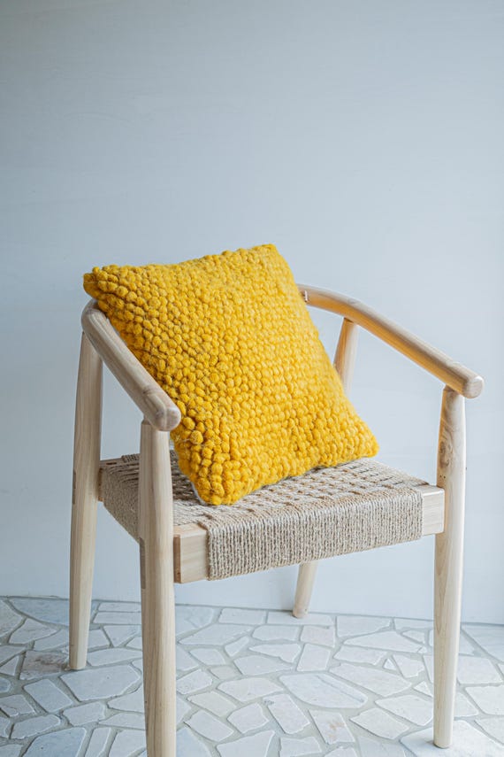 Handwoven Yellow Wool Pillow Cover: 18" Linen Cushion (45х45cm)